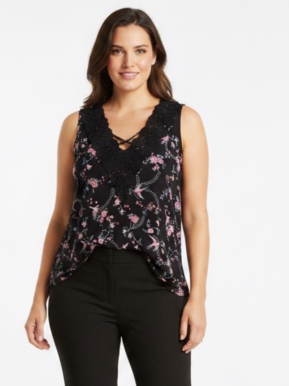 Love & Legend bird and floral sleeveless viscose blouse with lace V-neck trim 1X